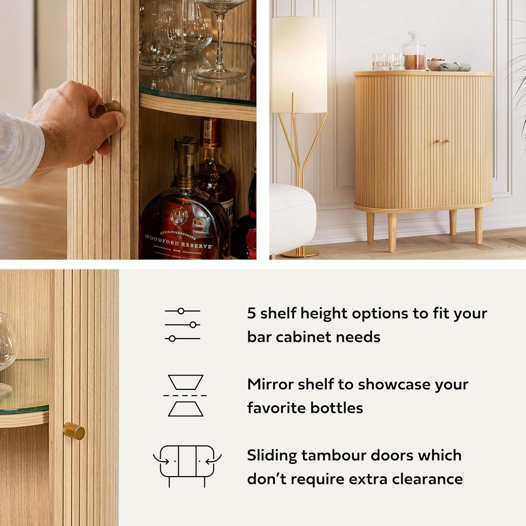 WERMO 28'' Fluted Bar Cabinet with Sliding Doors, Hidden Storage and Adjustable Shelf - Modern Liquor Cabinet and Narrow Wine Bar, Small Coffee Station, 28 Inch Wide Fluted Sideboard Buffet (Oak)