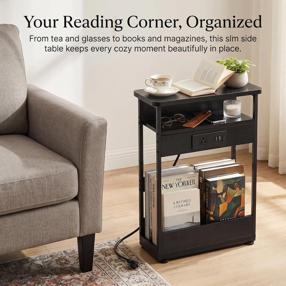 Narrow Side Table with Charging Station Small Spaces Narrow End Table