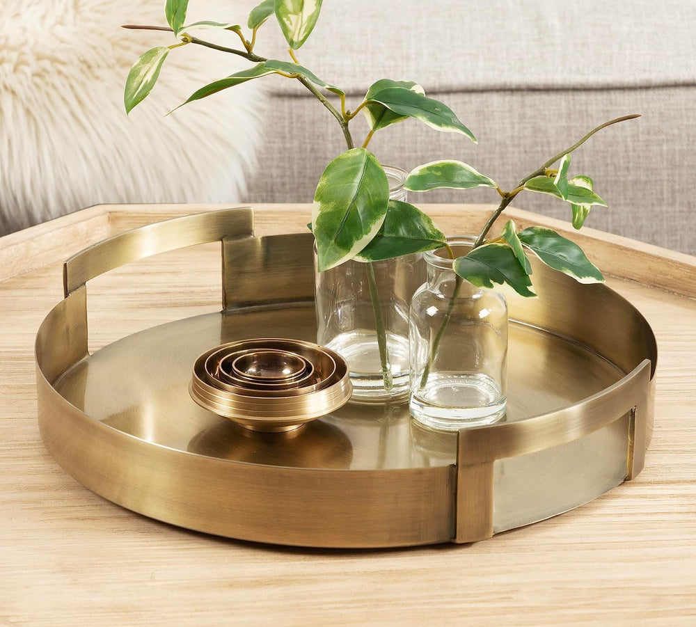 Kate and Laurel Myo Transitional Metal Round Tray; 15 x 15; Brass; Modern Gla...
