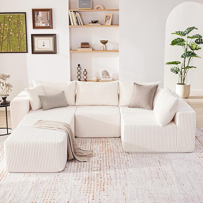 135.4" Cloud Couch Sectional, Modular Sectional Sofa with Deep Seat, Plush Corduroy U Shaped Couch, Convertible Sectional Couches for Living Room, 6Seat, Beige