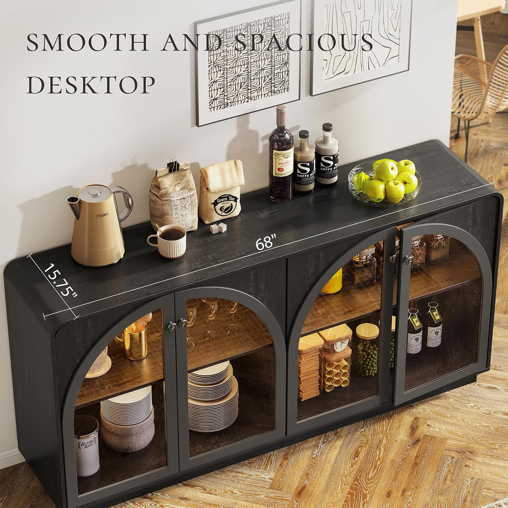 68" Sideboard Buffet Cabinet, Coffee Bar with Glass Doors & LED Light