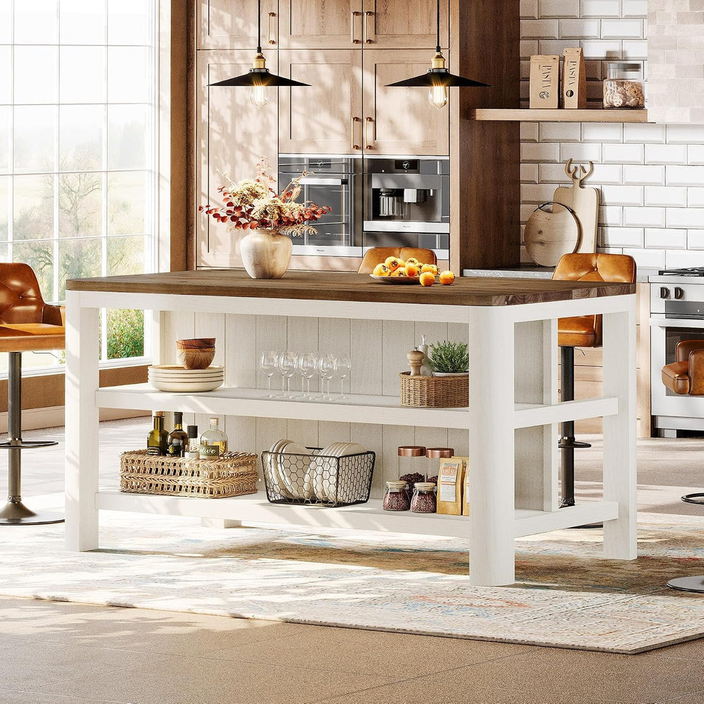63" Solid Wood Kitchen Island with Storage Shelves, White & Brown