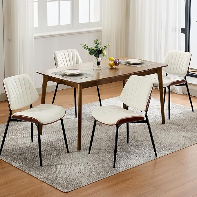 Garvee Dining Chairs Set of 2, Mid-Century Modern Upholstered Retro PU Leather Kitchen Chairs with Walnut Bentwood Back and Metal Legs Adjustable Feet for Kitchen Dining Room, White Shell Strips