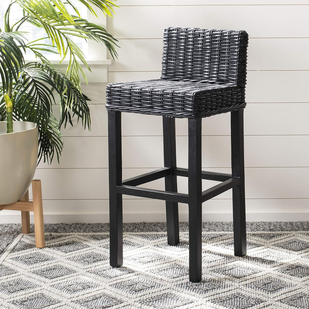 SAFAVIEH Cypress Barstool Wood Bar Stool, 29.72" Seat Black FOX6502C