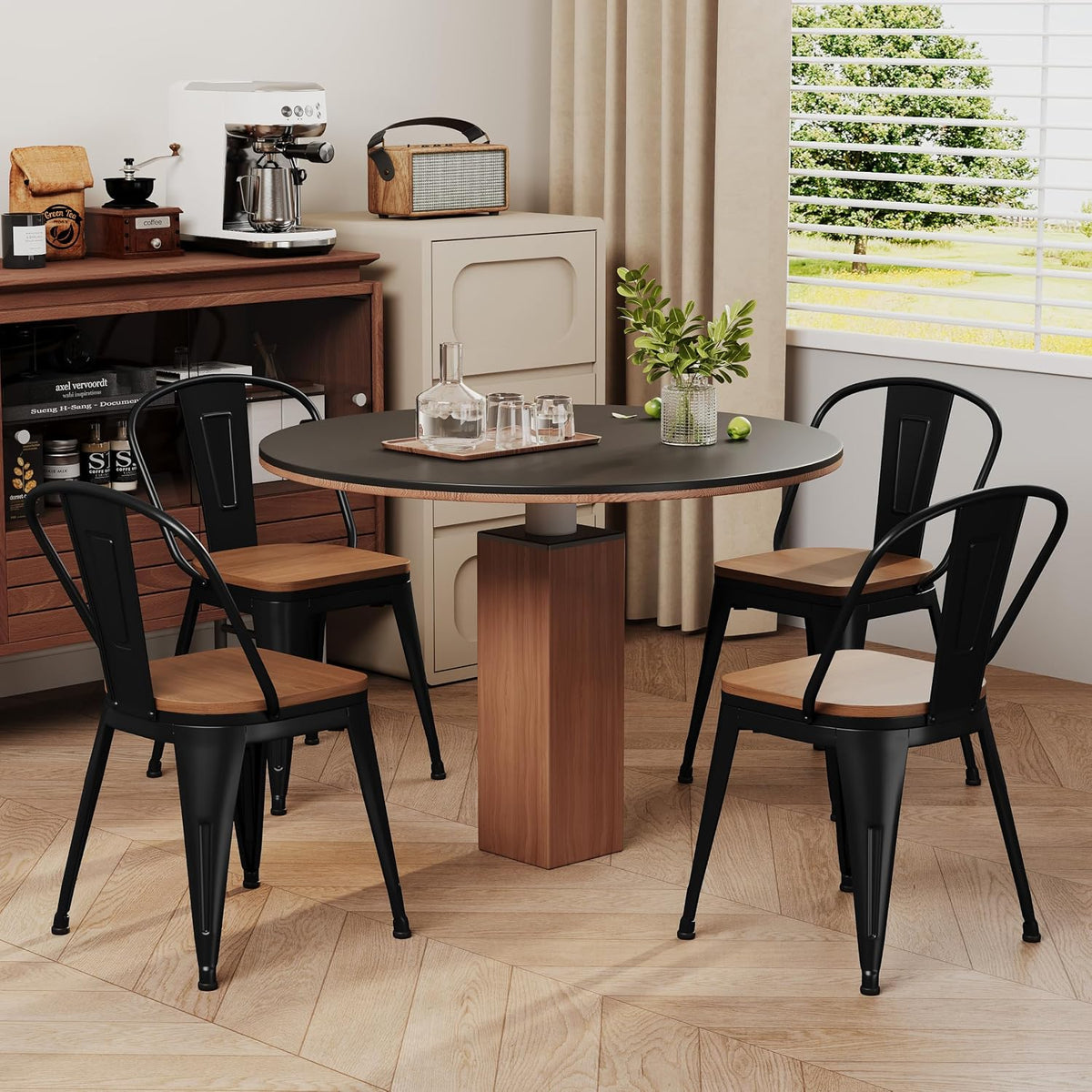 18 Inch Metal Dining Chairs Set of 4 Farmhouse Kitchen Chairs with Wooden Seat and Metal Backrest Stackable Black Dining Room Seating