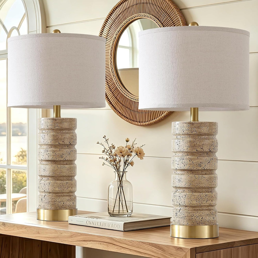 AIEAMPDO 26" Set of 2 Travertine Resin Table Lamps for Bedroom, Brass Base