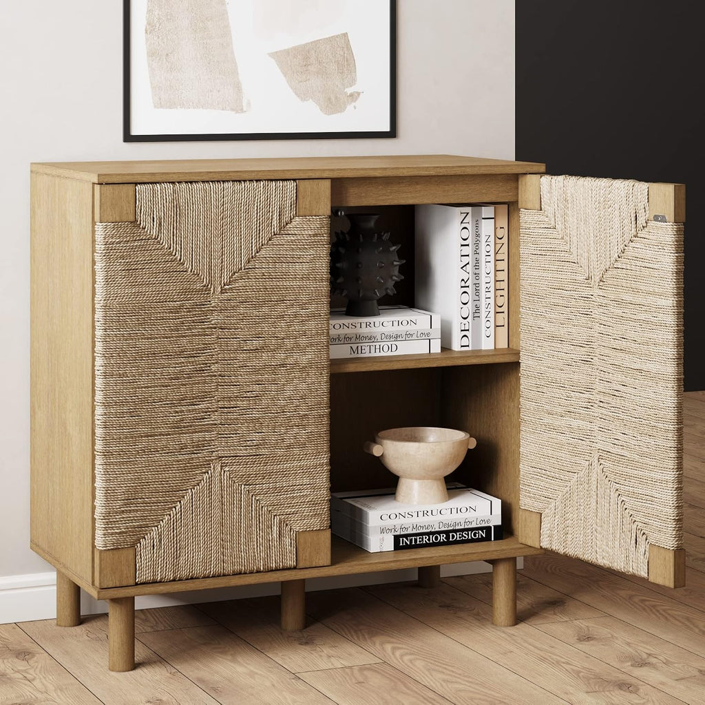 Nathan James Beacon Accent Buffet Sideboard Cabinet, Natural Light Wood Storage with Adjustable Interior Shelf and Seagrass Doors, for Hallway, Entryway or Dining Room, Light Brown