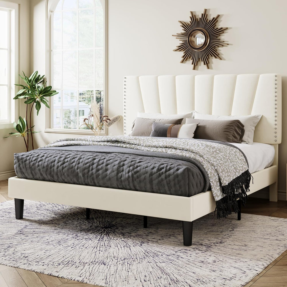 Allewie King Size Velvet Platform Bed Frame with Adjustable Headboard Cream