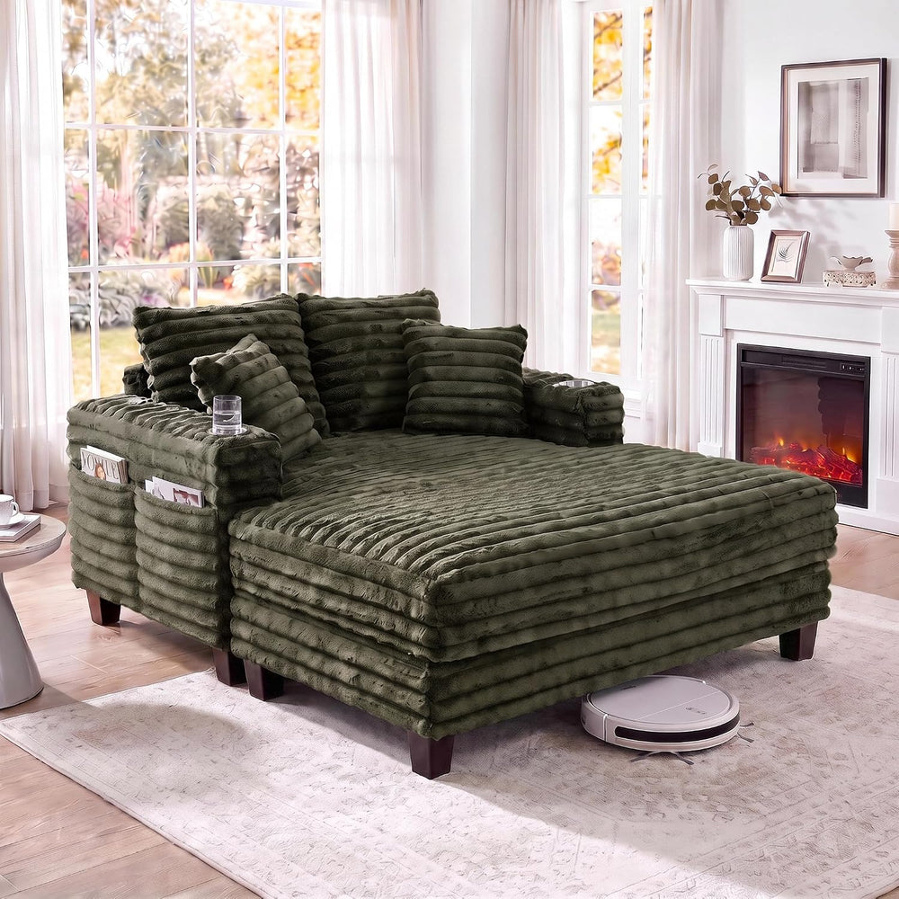 Amsleekey 64" Oversized Chaise Lounge Chair with Wood Frame, 2 Cup Holders
