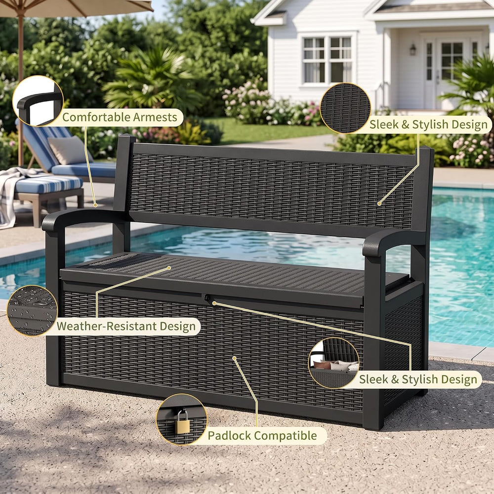 120 Gallon Outdoor Storage Bench Lockable, Rattan Black