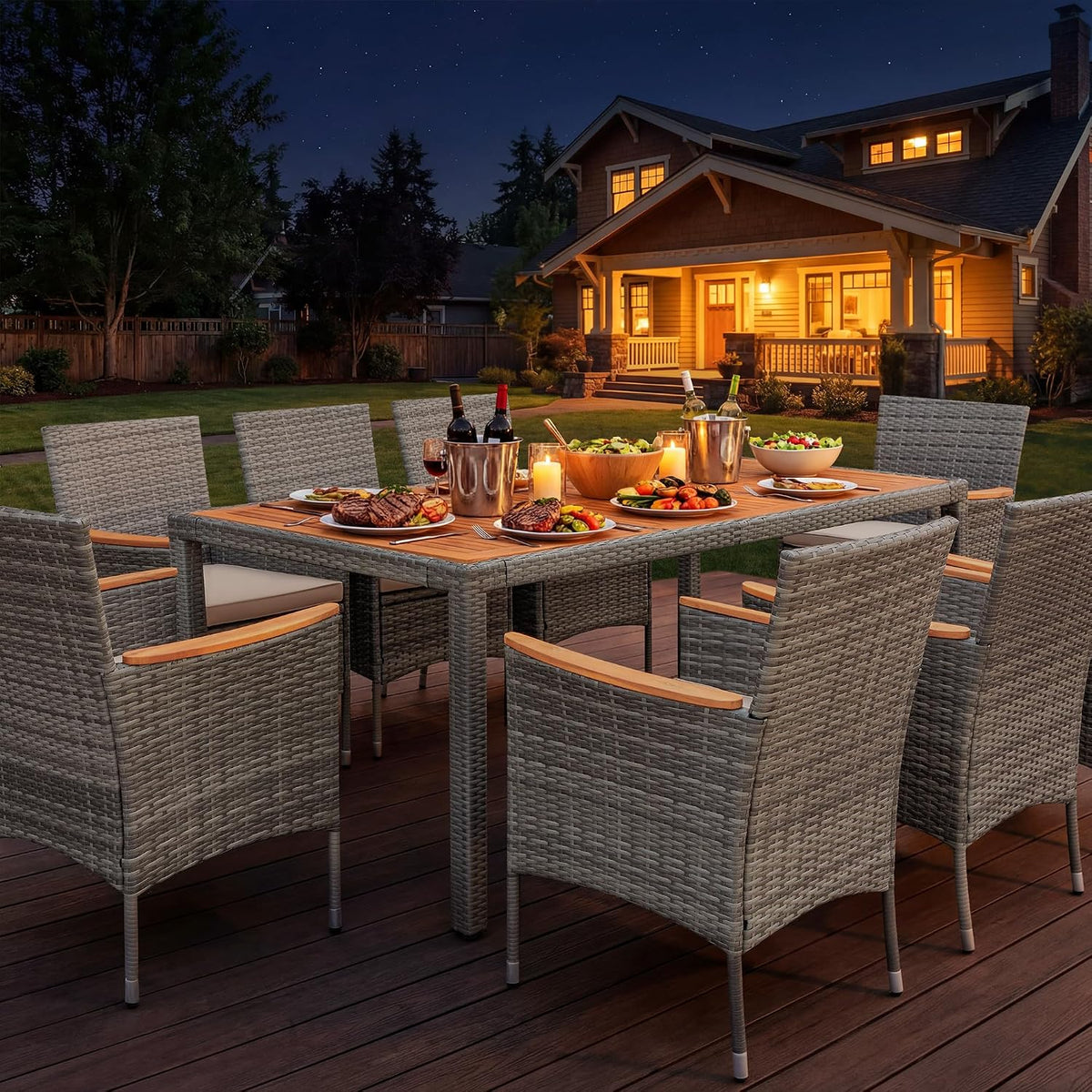 devoko 9 pcs acacia wood patio dining set showing dimensions
