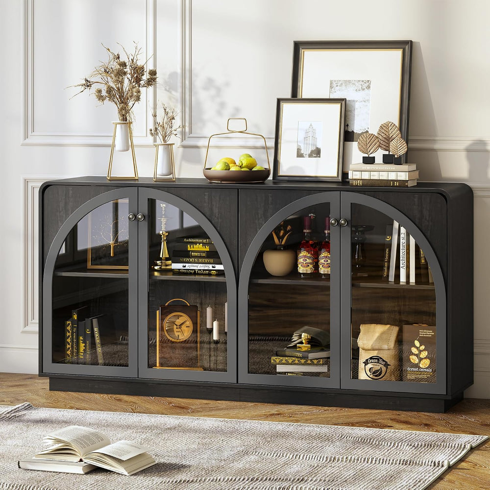 68" Sideboard Buffet Cabinet, Coffee Bar with Glass Doors & LED Light