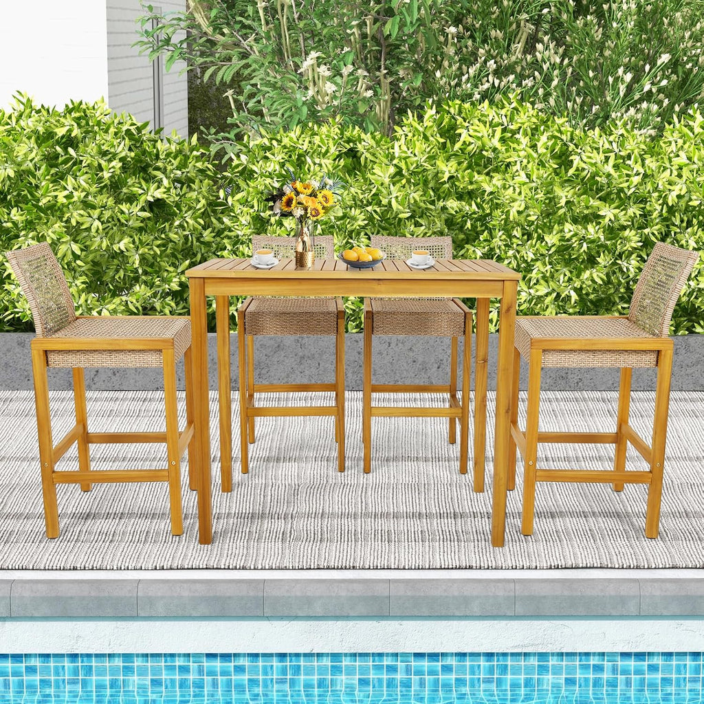 Tangkula Patio Wood Barstools Set of 2, PE Rattan Bar Height Chairs with Backrest, Stable Metal Frame, 400 lbs Max Load, Light Brown PE Wicker Bar Chairs for Porch, Backyard, Balcony (2)
