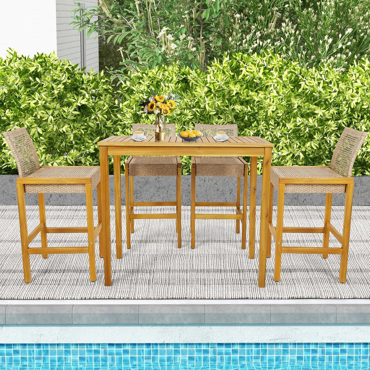 Tangkula Patio Wood Barstools Set of 2, PE Rattan Bar Height Chairs with Backrest, Stable Metal Frame, 400 lbs Max Load, Light Brown PE Wicker Bar Chairs for Porch, Backyard, Balcony (2)