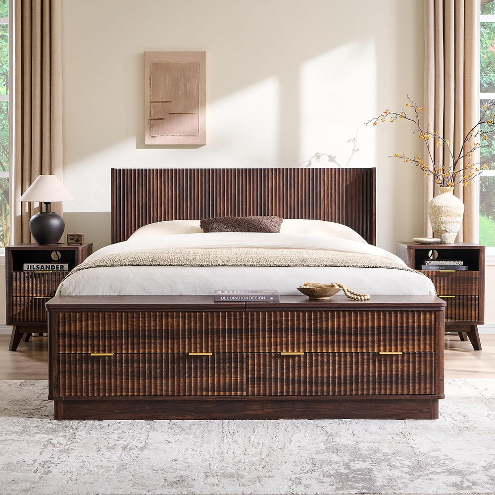T4TREAM Fluted Queen Bed with Headboard and Storage Bench, Dark Walnut