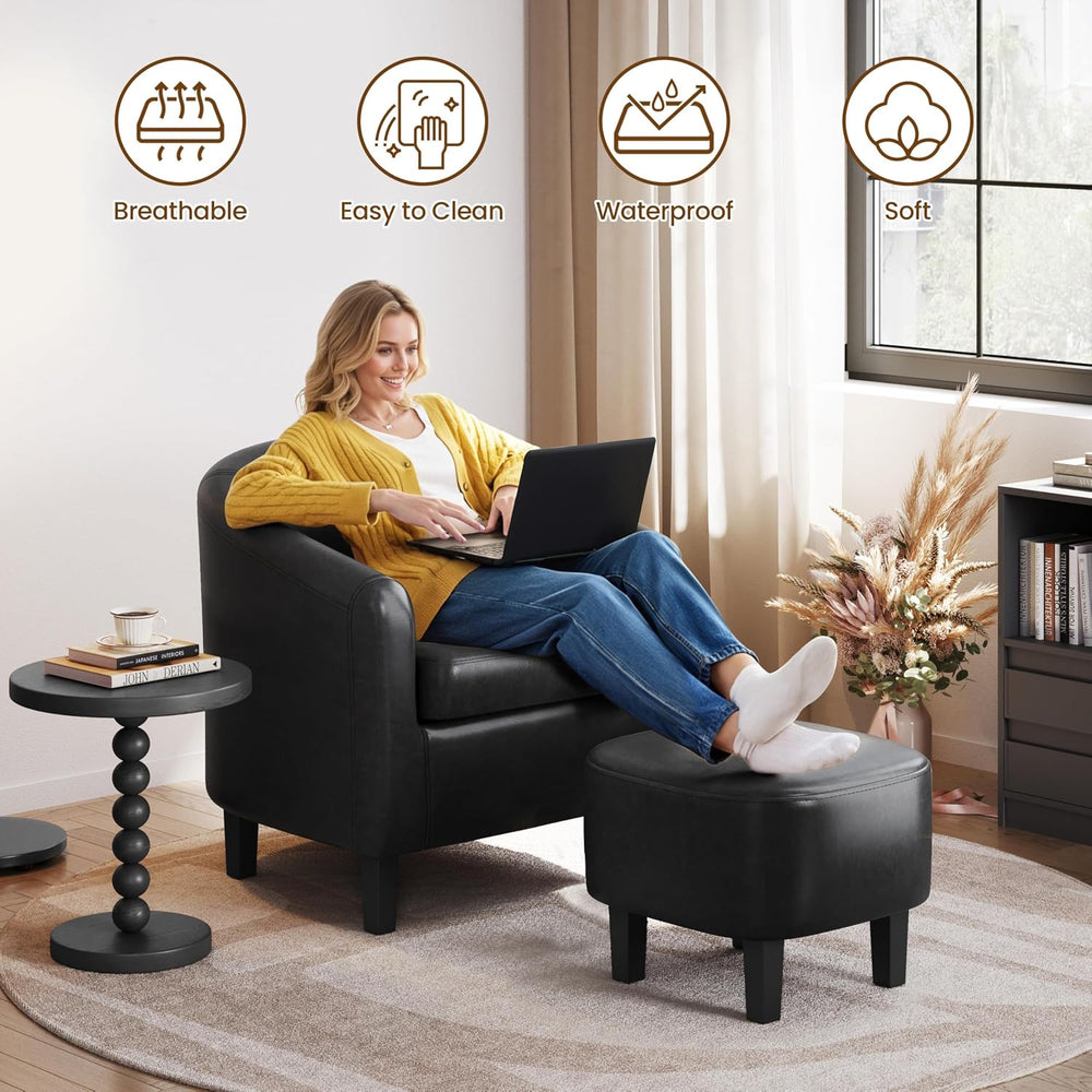 Yaheetech Accent Chairs with Ottoman, Faux Leather Barrel Chairs, Black