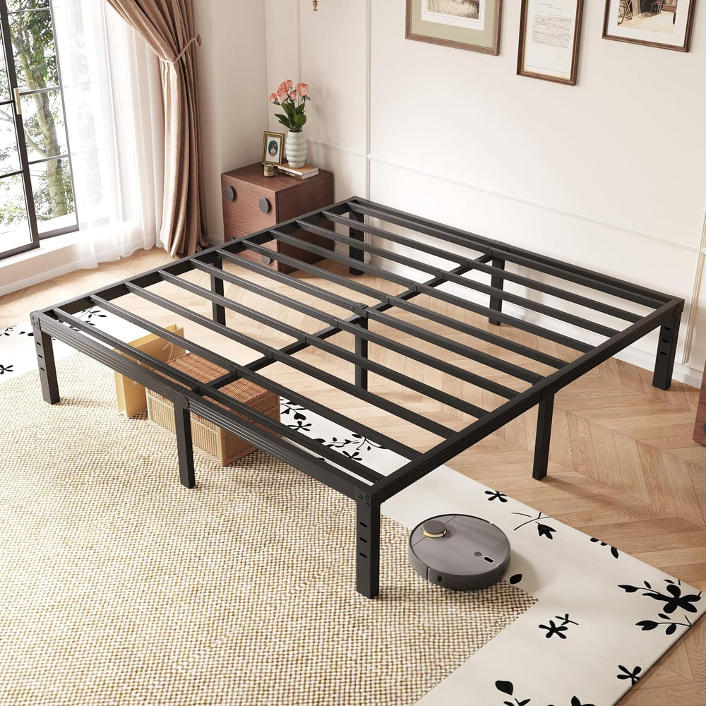 14 Inch Metal Queen Bed Frame with Storage, Black, No Box Spring