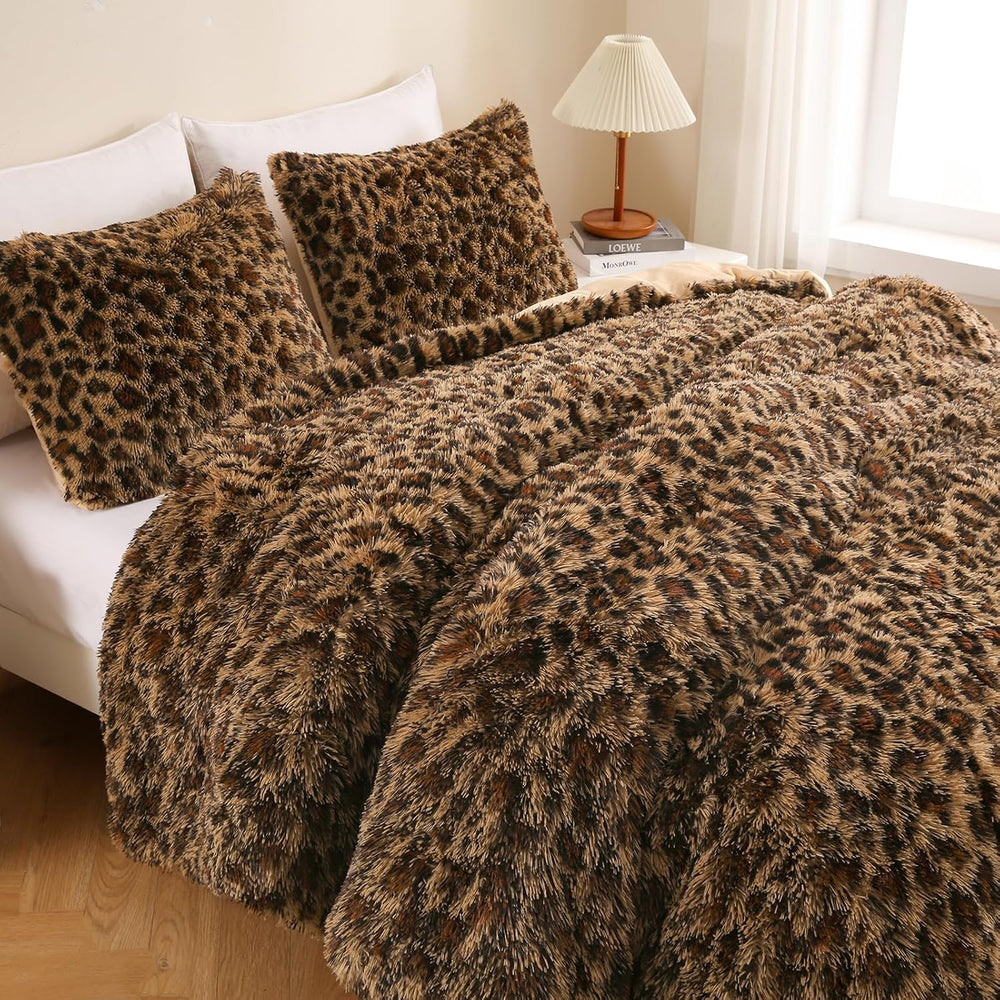 Cheetah Print Fluffy Faux Fur Comforter Set Queen Size, 3 Pieces, Brown