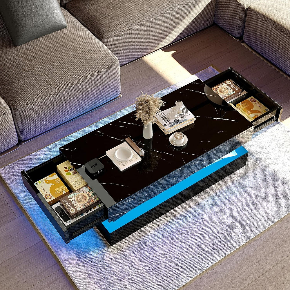 HOMFAMILIA LED Coffee Table with 2 Storage Drawers, Modern High Gloss Black C...