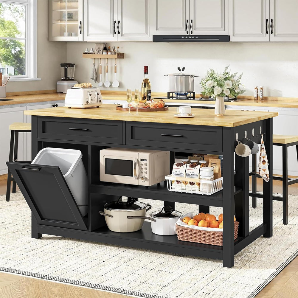 DynJest 47" Solid Rubberwood Top Kitchen Island with Storage, 2 Bar Stools