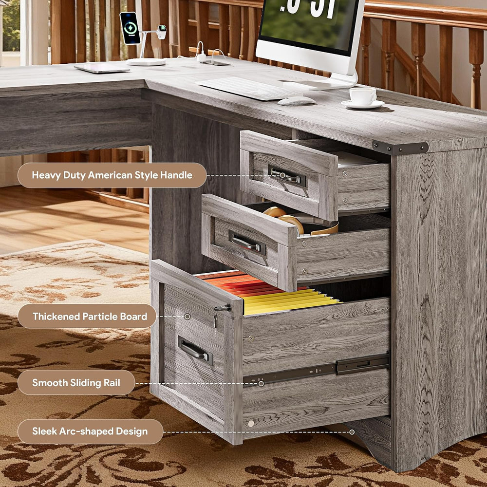 Decofy 67" Farmhouse L Shaped Standing Desk with Drawers Home Office Exe...