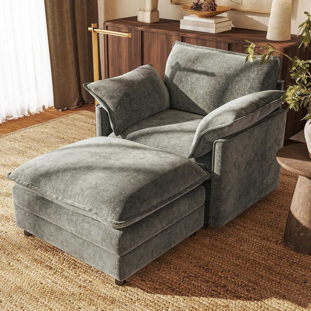 37" Chenille Oversized Sofa Chair with Movable Ottoman, Chair & Otto...