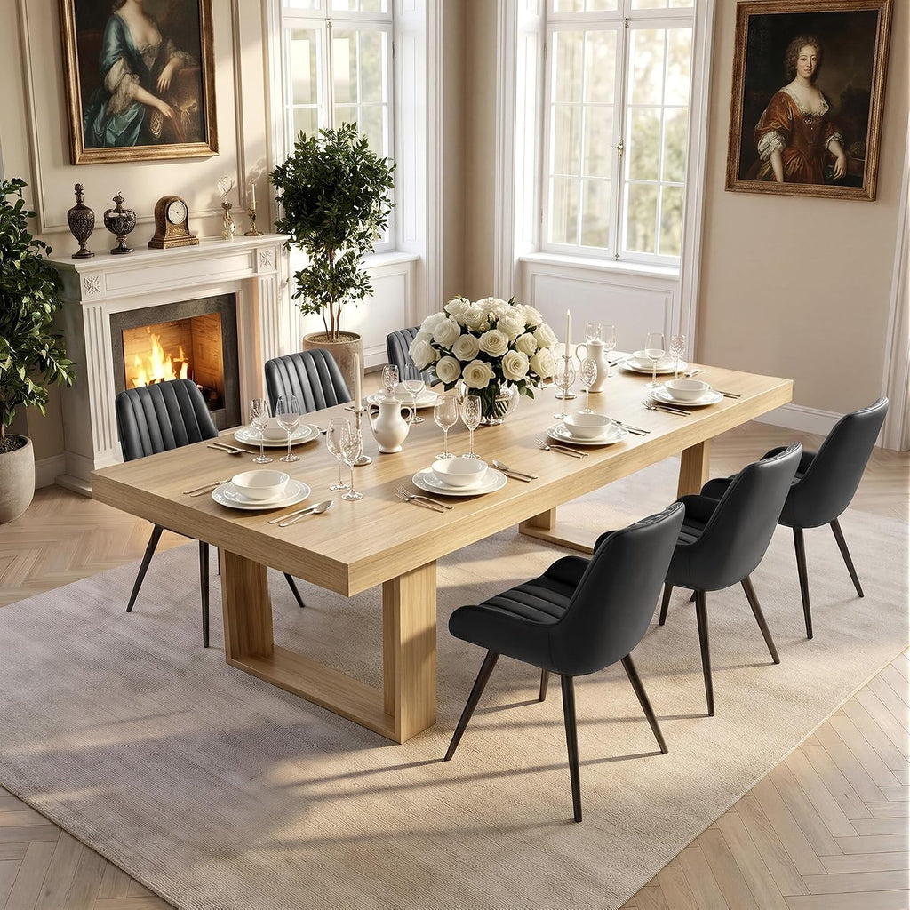 Miereirl 7-Piece Modern Farmhouse Dining Table Set, 86.6" x 47.2" Sturdy Stable Dining Table with 6 Chairs, Rectangular Kitchen Table Set for 6,(Natura Table+6 Black Chairs)