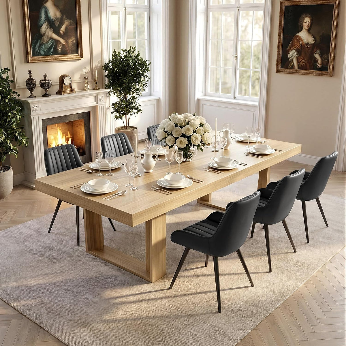 Miereirl 7-Piece Modern Farmhouse Dining Table Set, 86.6" x 47.2" Sturdy Stable Dining Table with 6 Chairs, Rectangular Kitchen Table Set for 6,(Natura Table+6 Black Chairs)