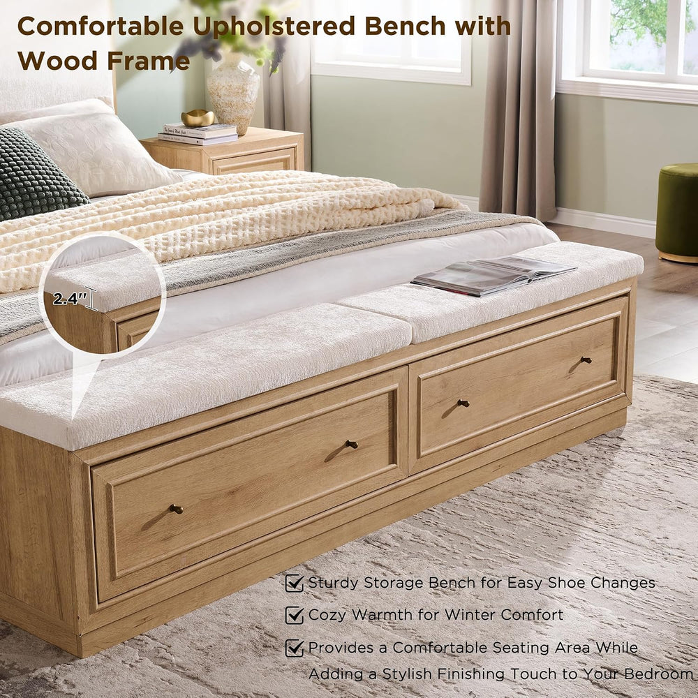 ACCOHOHO King Bed Frame w/Upholstered Headboard,Storage Bench,Natural Oak