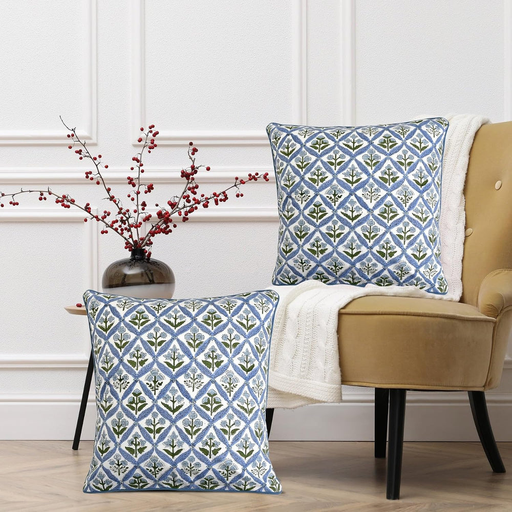 Ridhi Light Steel Blue Block Print Cotton Pillow Cover 18x18 Inch Set of 2