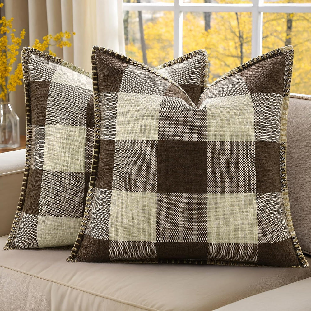 decorUhome Fall Plaid Linen Throw Pillow Covers 26x26 Set of 2 Brown Beige