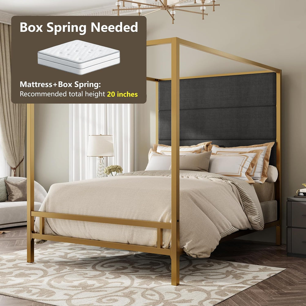 Merax King Canopy Bed Frame with Tall Linen Headboard, Metal 4 Poster Bed