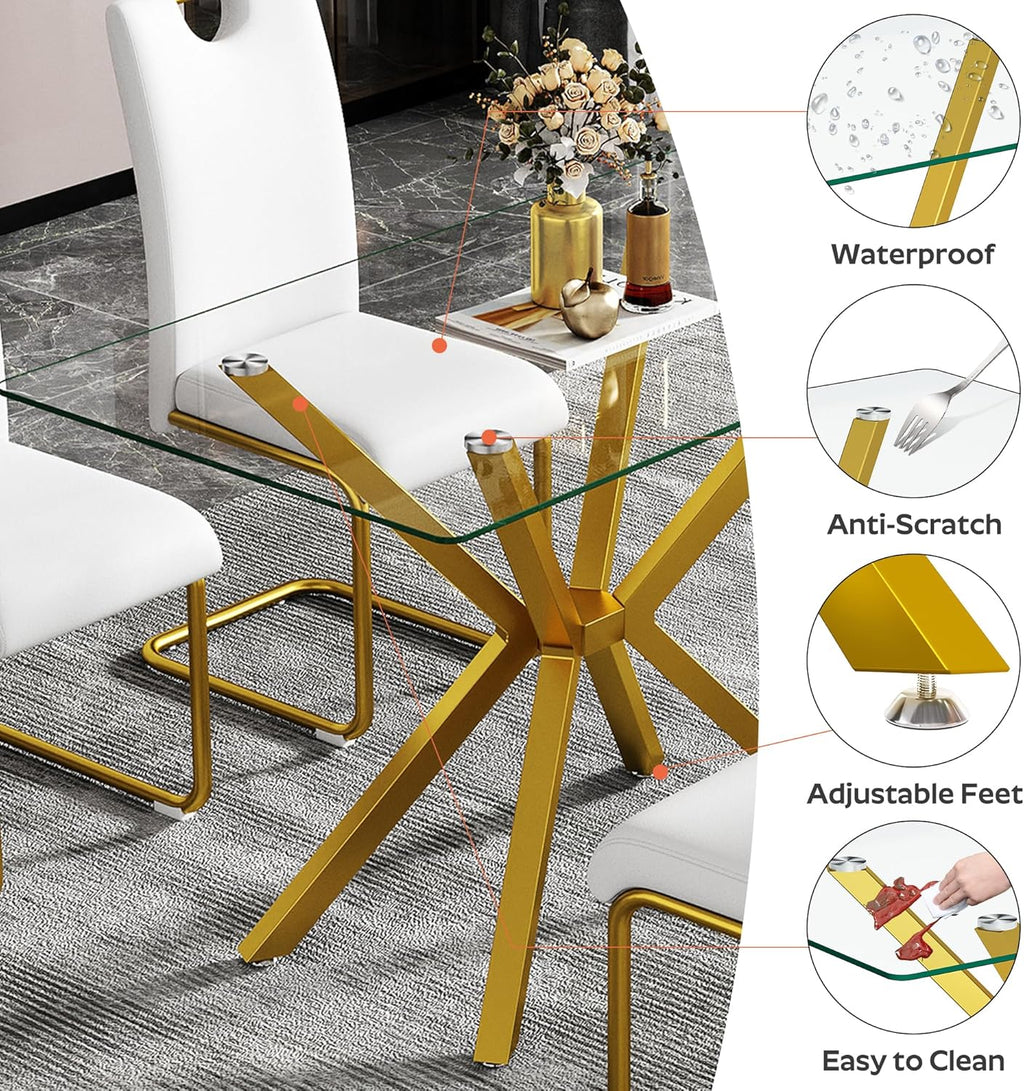5-Piece 47" Dining Table with 4 PU Leather Chairs, Modern Dining Table Set for 4, Rectangle Kitchen Table with Golden Metal Legs for Dining Room, Kitchen(White)