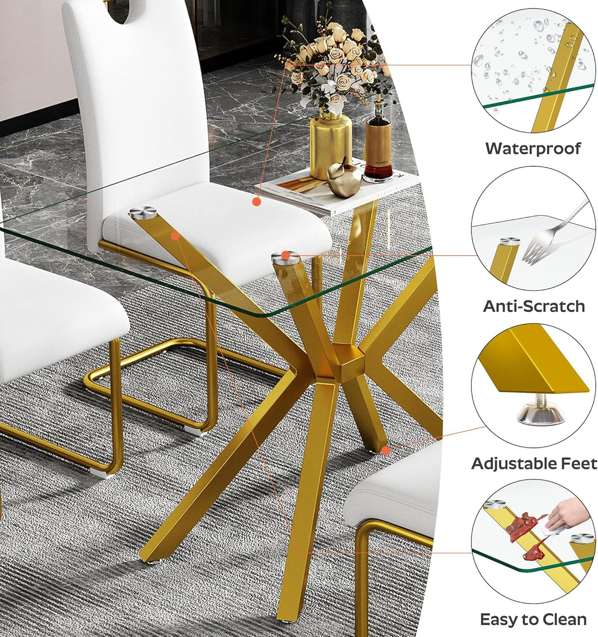 5-Piece 47" Dining Table with 4 PU Leather Chairs, Modern Dining Table Set for 4, Rectangle Kitchen Table with Golden Metal Legs for Dining Room, Kitchen(White)