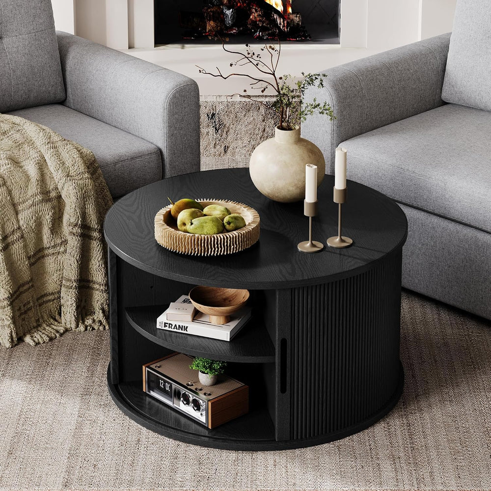 LINSY HOME Round Coffee Table, 31.5" Drum Coffee Table with Sliding Tamb...