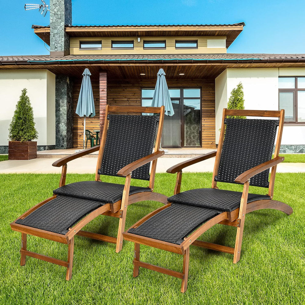 RELAX4LIFE Patio Chaise Lounge Chair Set of 3, Acacia Wood Folding Rattan Wic...