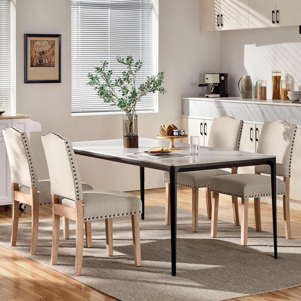 Yaheetech Dining Chairs Set of 4 Fabric Kitchen Chairs Nailhead Trim Beige