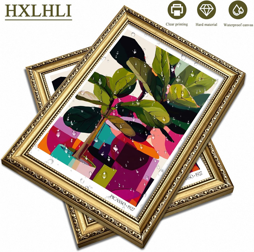 Gold Framed Picasso Wall Art, Modern Colourful Botanical Canvas Wall Decor Pa...