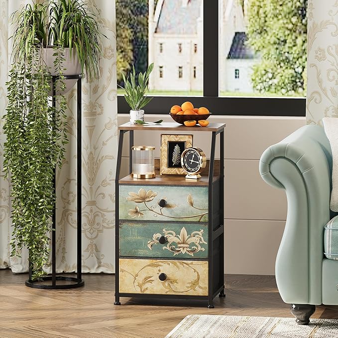 Tohomeor Dresser with Fabric Drawers Nightstand with 2 Tier Shelf Storage Tower for Bedroom Hallway Entryway Closet Organizer Sofa Beside Table Furniture (Multi, 3 Drawers)