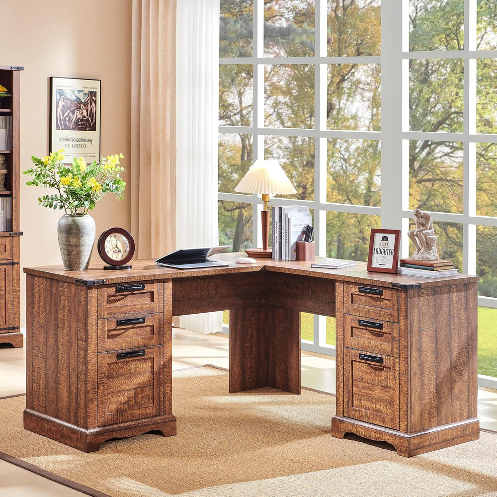 RedLemon 60" Farmhouse L Shaped Executive Desk, Reclaimed Barnwood
