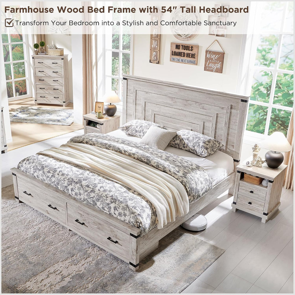 RedLemon 54" Farmhouse Queen Bed Frame with headboard, Antique Brush White