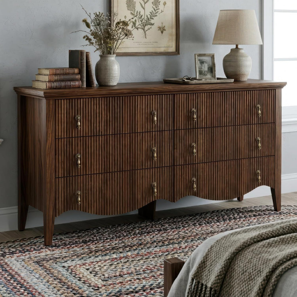 FUSUNBAO 6-Drawer Fluted Dresser, 52" Wide Double Chest of Drawers,Walnut