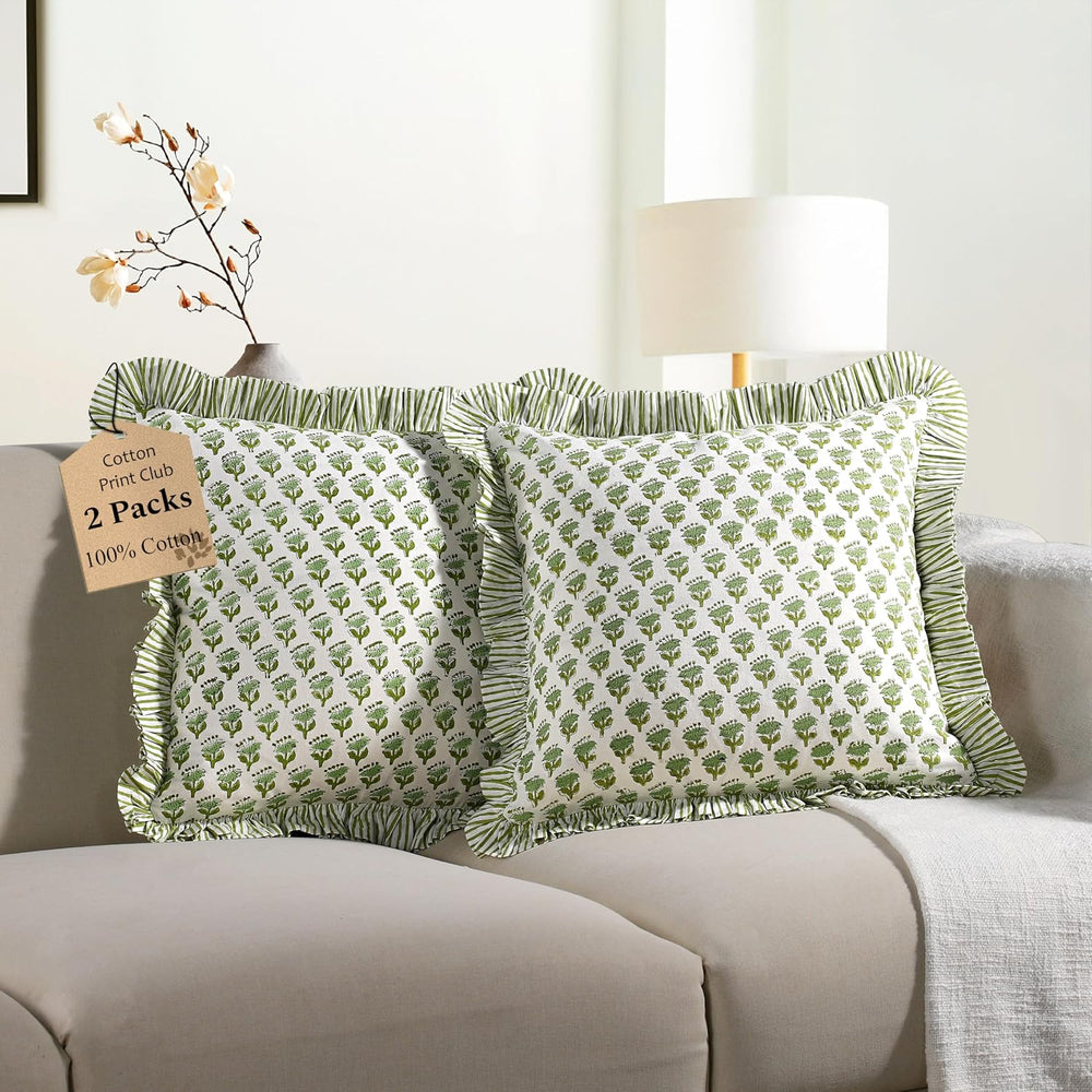 CPC Emerald Green Block Print Ruffle Pillow Cover 18x18 Inch, Pack of 2