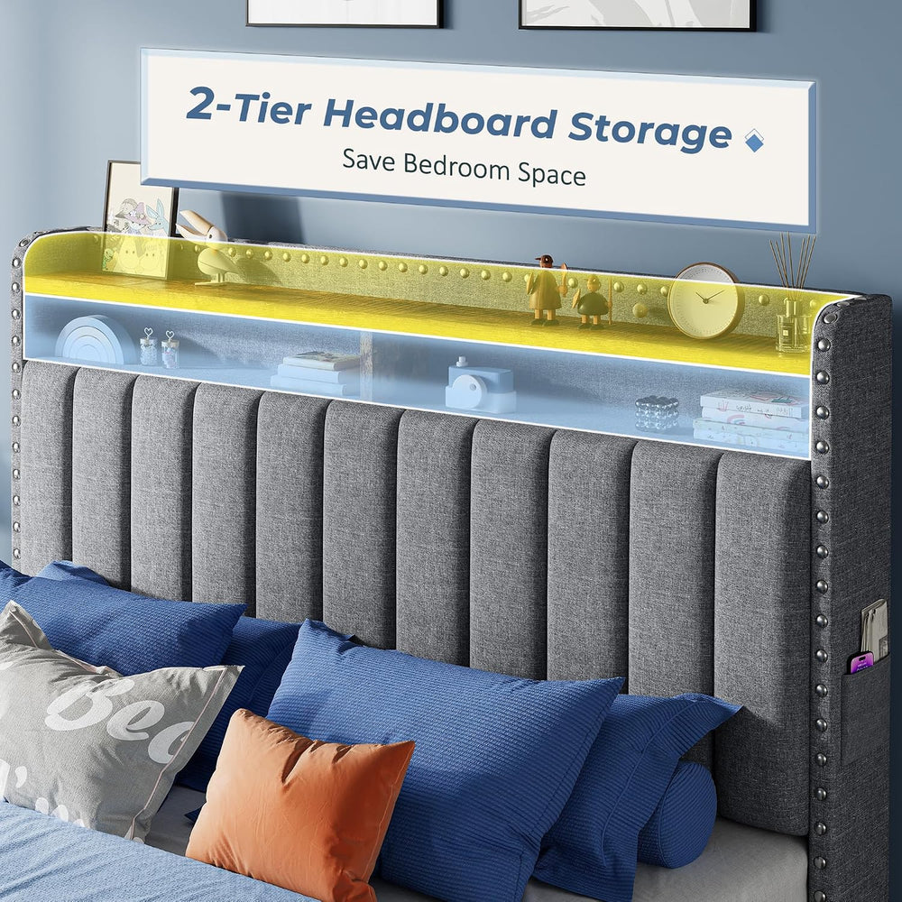 EnHomee Full Bed Frame with 2 Drawers & 2-Tier Storage Headboard Shelf