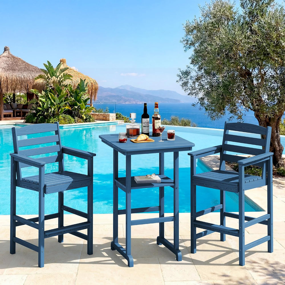 SERWALL 3 Pcs HDPE Bar Height Chairs and Double Layer Pub Table Set, Blue