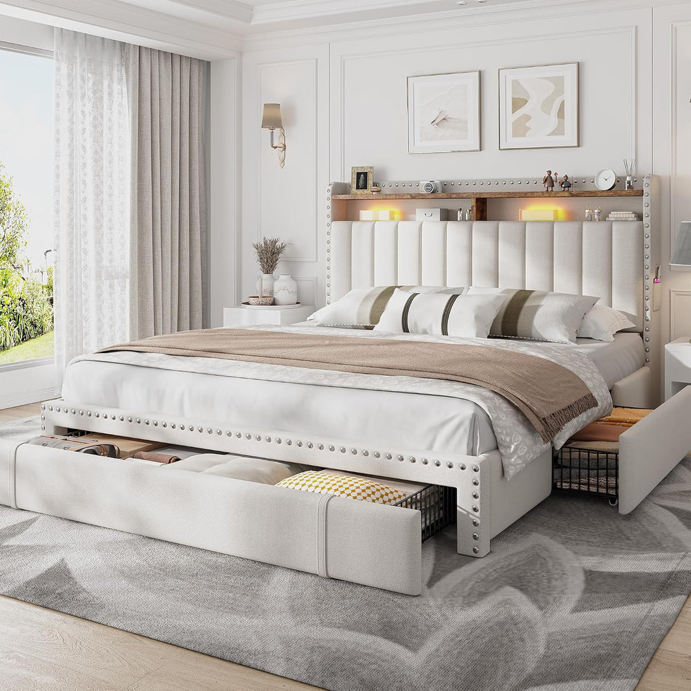 EnHomee Queen Bed Frame with 3 Storage Drawers & Headboard,Upholstered