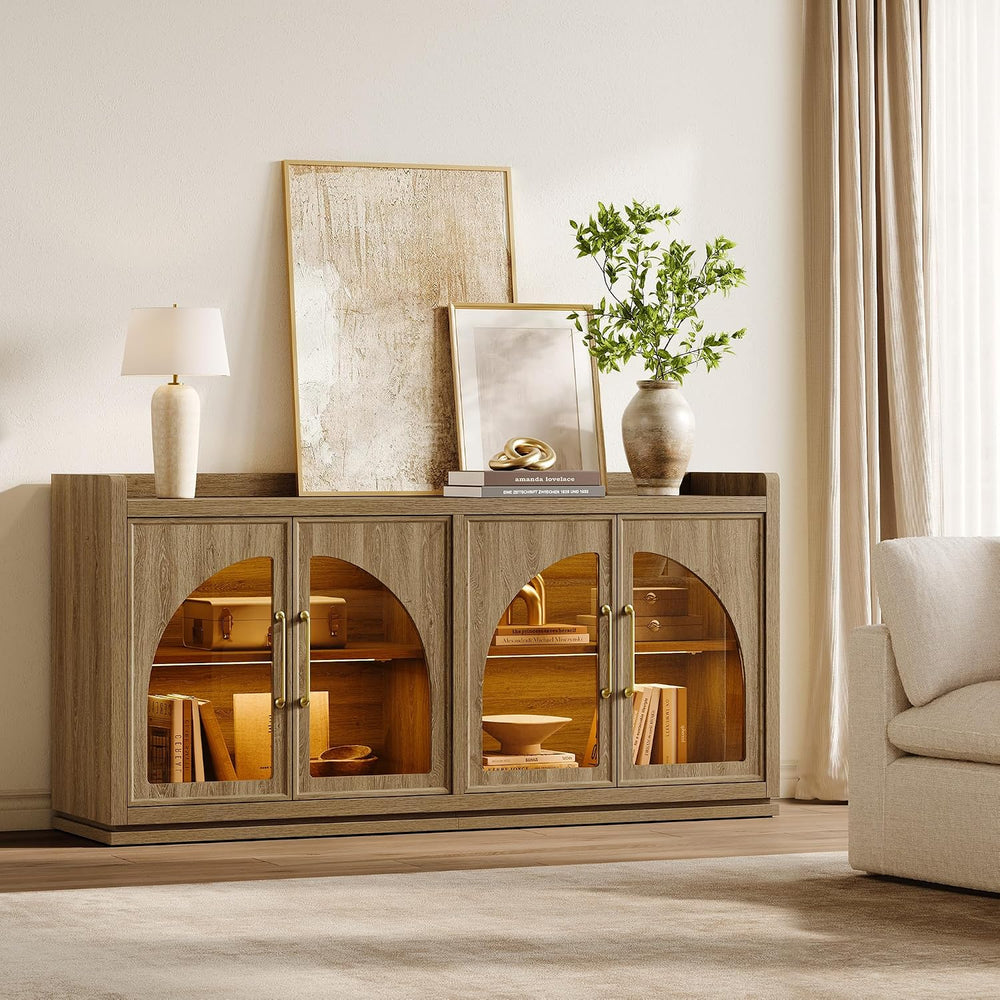 SICOTAS Sideboard Buffet Cabinet with Storage, LED Lights, Arch Glass Doors