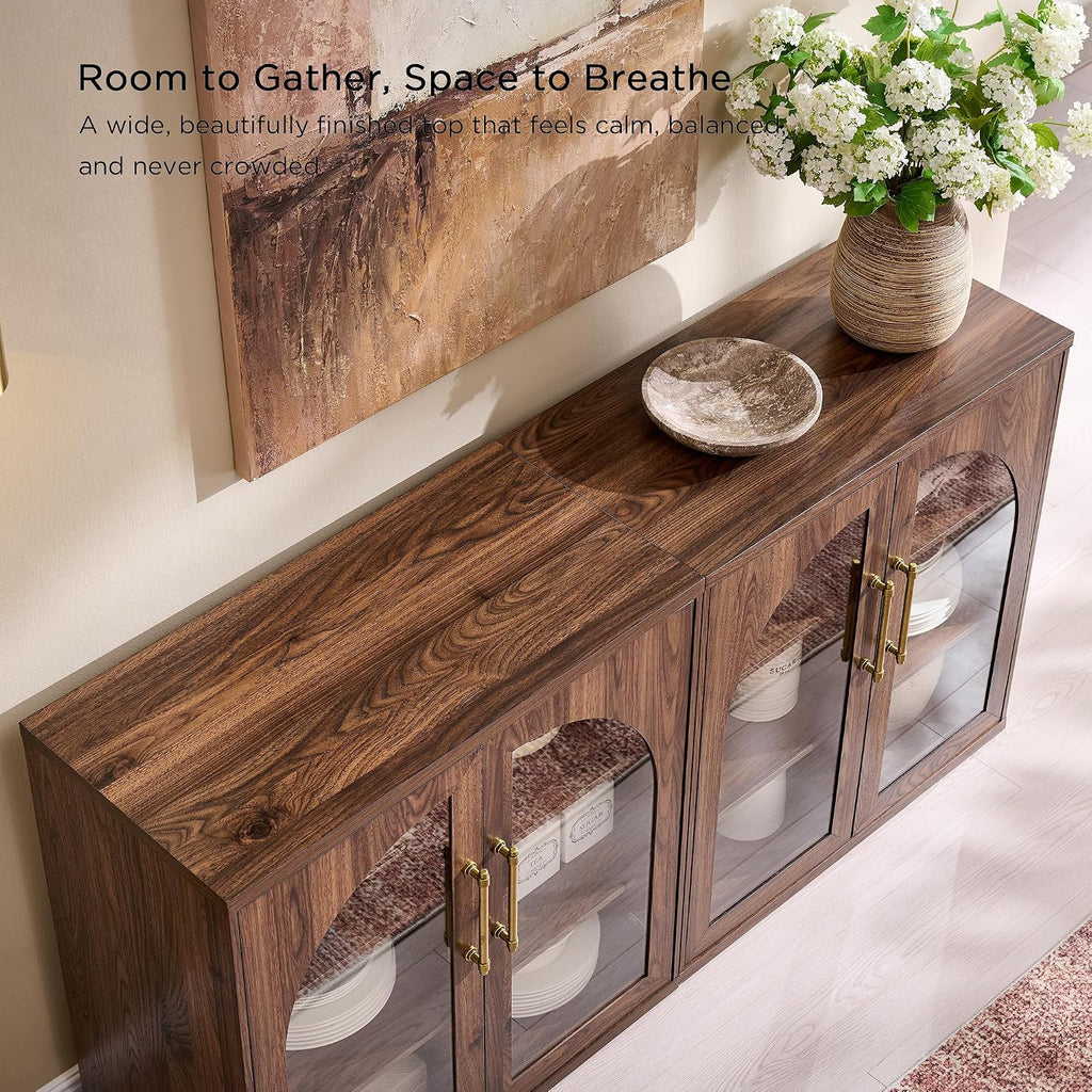 ACCOHOHO Glass Arched Door Sideboard Buffet Cabinet, Brown