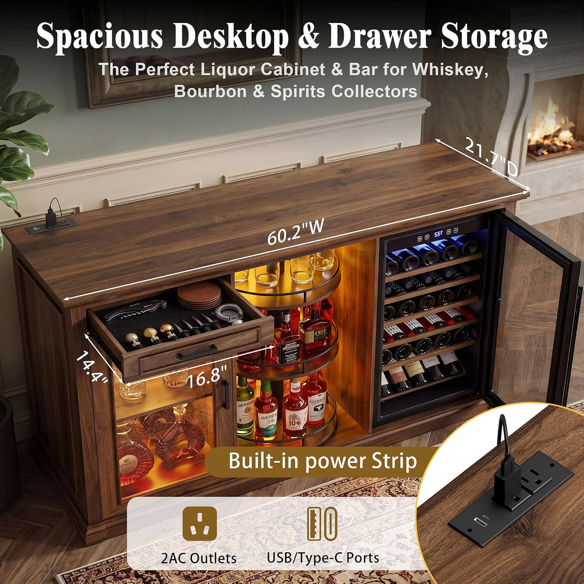 GDLF 60.2-Inch Home Bar Cabinet with Fridge Space, Warm Amber LED, Walnut