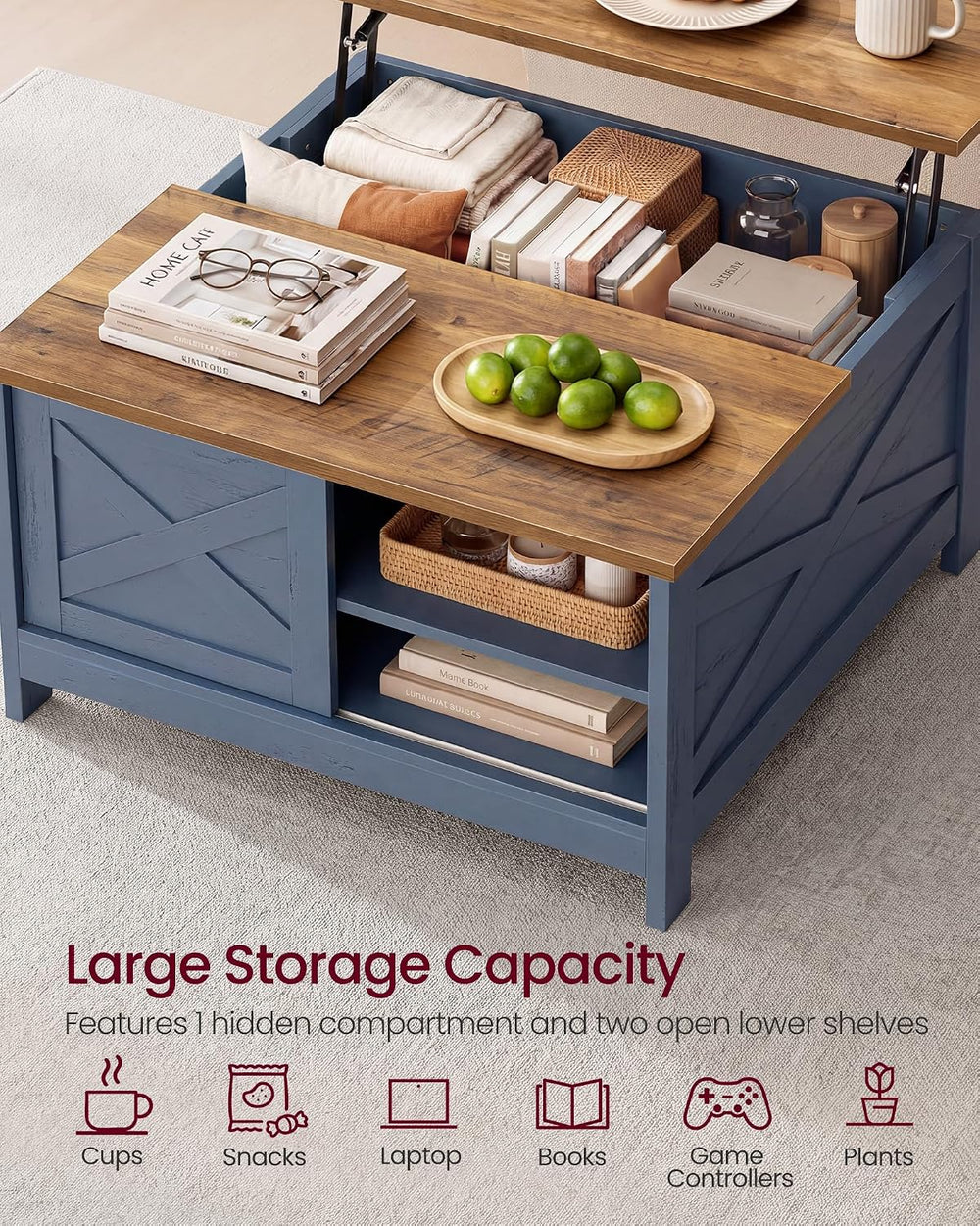 VASAGLE Farmhouse Coffee Table with Storage, Lift Top, Hidden Compartment